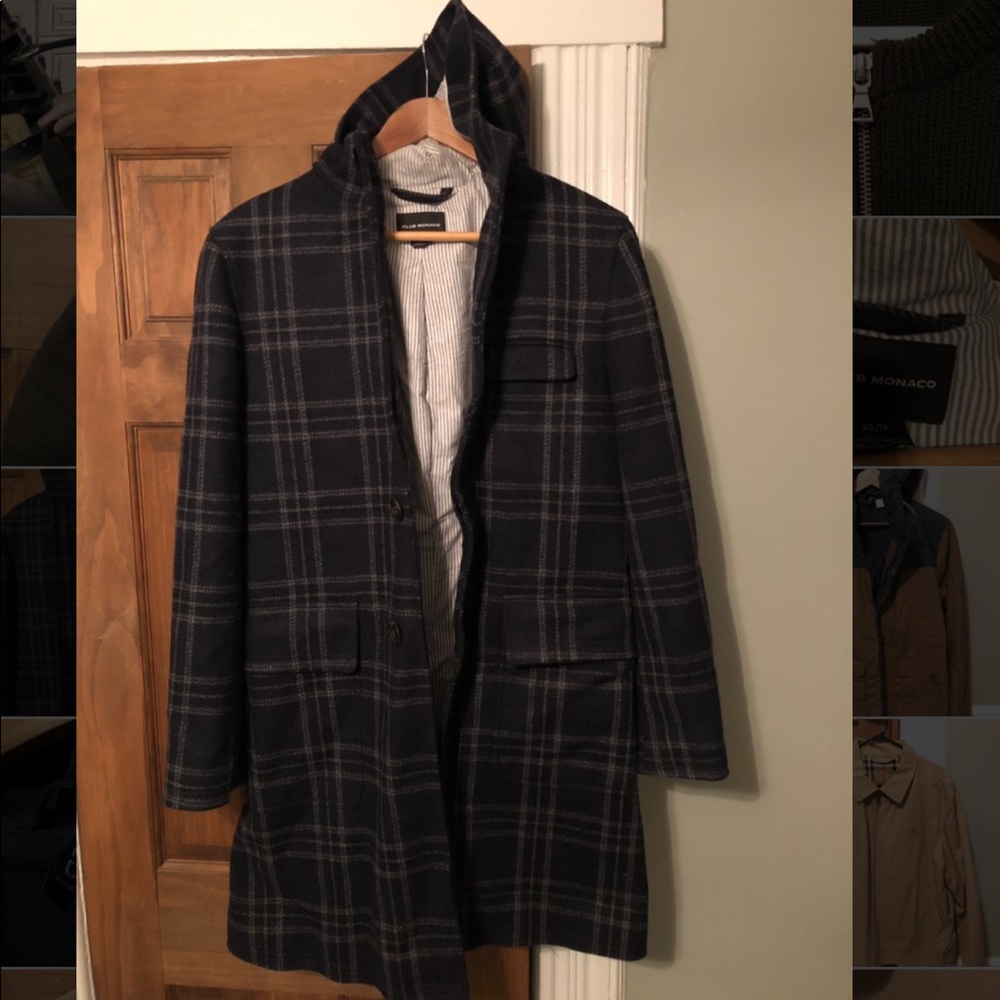 Club Monaco Plaid Hooded overcoat Wool Navy XS